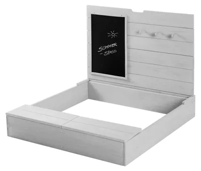 Produktbild von roba Sandkasten mit Deckel, HxBxT: 65,5 x 85 x 80 cm, Sandkiste aufklappbar mit Tafel und 3 Haken, Massivholz, grau lasiert, wetterfest