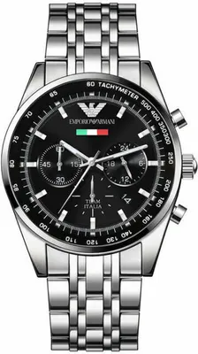A close-up, front-facing studio shot of a men's chronograph watch with a black dial and silver metal band.