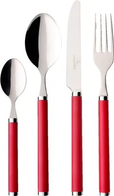 A set of four Villeroy & Boch Play red roses cutlery pieces, including a small spoon, a large spoon, a knife, and a fork, arranged side-by-side against a white background.