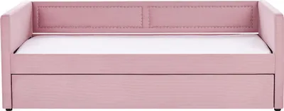 A pink daybed with a white mattress and a pull-out drawer underneath.