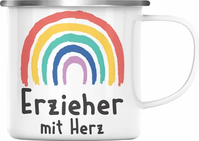 Produktbild von Trendation - Erzieher Emaille Tasse Geschenk mit Herz Geschenke Abschiedsgeschenk mit Spruch Emaille Emaille Tasse Kindergärtner (Silber)