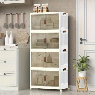 Produktbild von 4 Schichten zusammenklappbare Aufbewahrung Schränke，Mit Reifen, freie Bewegung，Klappbarer Faltbarer Mehrzweck schrank aus Kunststoff