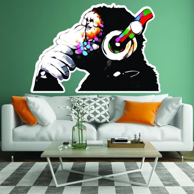 Produktbild von Decords Wandtattoo – denkender Affe mit Kopfhörern im Street-Art-Stil, 140 x 97 cm, Rechts