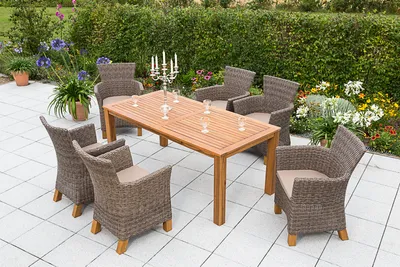Produktbild von Merxx 13tlg. Toskana Gartenmöbelset, braun - 6 Sessel + 6 Kissen, 1 Tisch - Farbe: natur - Maße: Sessel: 65 x 66 x 89 Tisch: 185 x 90 x 75; 6x 28400-211 + 1x 23135-011