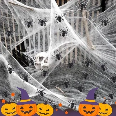 Image de Décoration d'Halloween effrayante avec 200 g de toile d'araignée et 30 araignées - Décoration de fête pour une maison hantée
