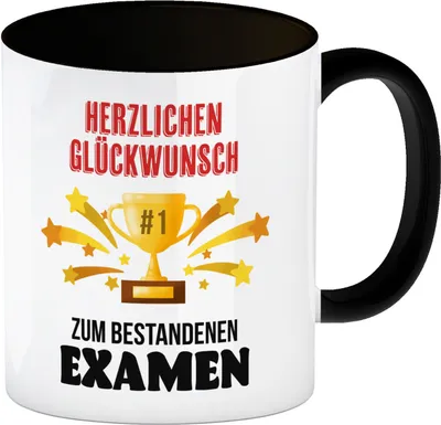 Produktbild von Nummer 1-Pokal Kaffeebecher in schwarz mit Spruch Glückwunsch zum bestandenen