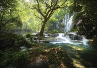 Produktbild von Fototapete Wald Wasserfall Landschaft - 350x250 cm - Vliestapete Wohnzimmer Schlafzimmer - Vlies Fototapete Grün - 16049VX7