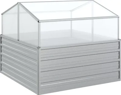 A product shot of a raised garden bed with a greenhouse top.