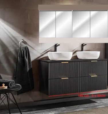 Produktbild von Design Badmöbel Set ADEL SCHWARZ 160 cm MDF SOFT-CLOSE montiert Waschtisch Spiegelschrank