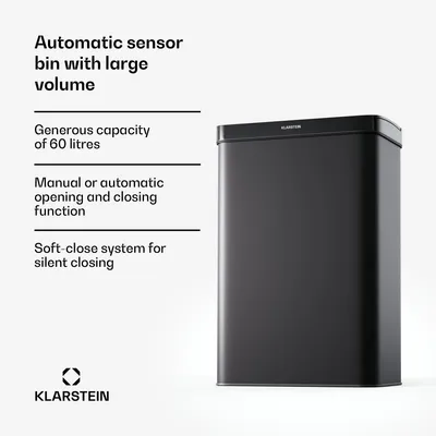 Obrázek produktu pro Klarstein Touchless, senzorový odpadkový koš, 60 l, z nerezavějící oceli, Soft-Close zavírání, napájen baterií, LED displej, časovač