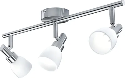 A studio shot of a three-light track spotlight fixture.