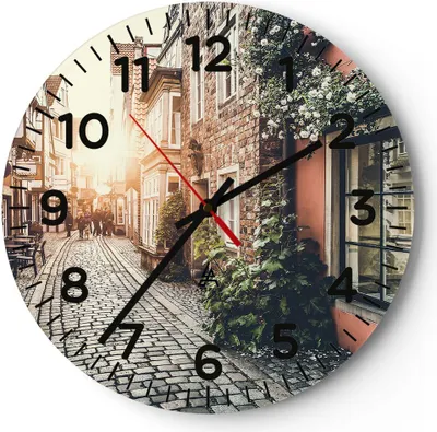 Produktbild von Wanduhr - Rund - Glasuhr - Straße Haus Leute - 30x30cm - Schleichendes Uhrwerk - Lautlos - zum Aufhängen bereit - Dekoration Modern - Wanddekoration aus Glas - C4AR30x30-3631