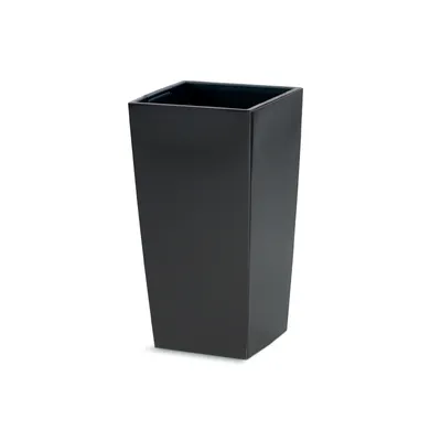 A black, square planter pot is shown against a white background.