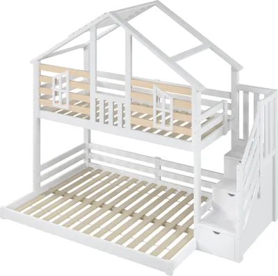 Produktbild von Flieks Etagenbett 90x200cm/140x200cm mit Rausfallschutz, Kinderbett Hausbett mit Treppe, Hochbett Holzbett Bodenbett mit Stauraum, Naturbelassen