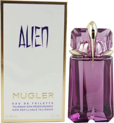 A perfume bottle and its packaging are displayed against a white background.