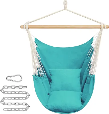 A turquoise hammock chair with two cushions, a wooden spreader bar, and hanging ropes, shown with a metal chain and carabiner clip.