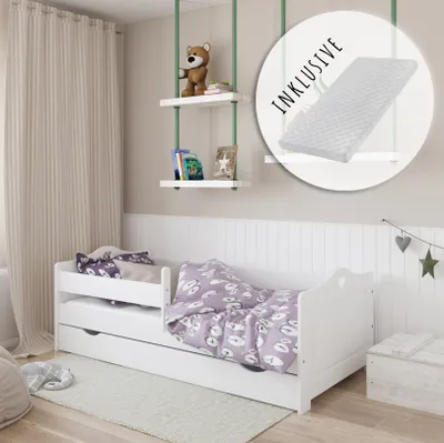 Produktbild von Kinderbett 80x160 80x180 90x200 Holz mit Matratze, Rausfallschutz, Schublade & Lattenrost in weiß 160 x 80 Mädchen Bett Skandi Herz