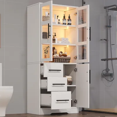 Produktbild von STILVORA Badezimmerschrank mit App-gesteuerter LED und Doppel-Glastüren, Aufbewahrungsschrank mit 3 Schubladen und 2 Schränken, Badschrank mit verstellbaren Einlegeböden Weiß