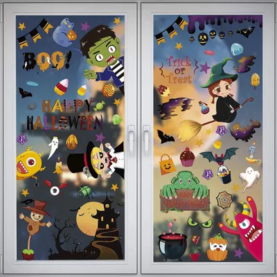 Imagen del producto de Calcomanías para ventanas de Halloween, 170 piezas, 9 láminas de calcomanías adhesivas de Halloween con motivos de brujas y calabazas, ideales para niños