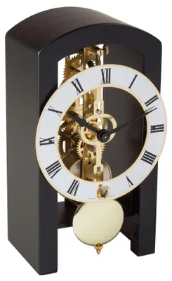 Tischuhr, mechanisch, Skelettwerk, 14 Tage, Holz, schwarz, 18x19x11 cm