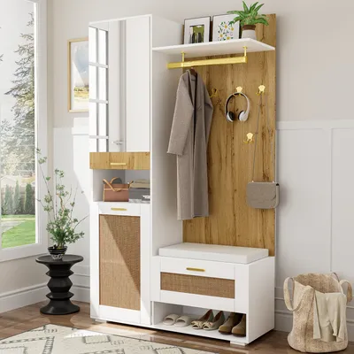 Produktbild von MODFU Garderoben-Set, Kleiderschrank-Set mit Spiegel, 5 goldenen Kleiderhaken, Schuhschrank, Wandgarderobe, oberem Stauraumfach, Sitzbank und 16-farbiger LED-Beleuchtung ,Weiß und Holzoptik