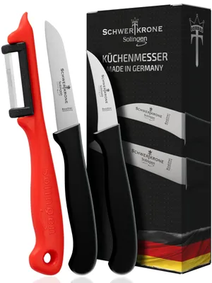 Produktbild von Schwertkrone Küchenmesser Set - Scharfe Gemüsemesser - Schälmesser gerade/gebogen und Sparschäler/Kartoffelschäler rot -  Solingen