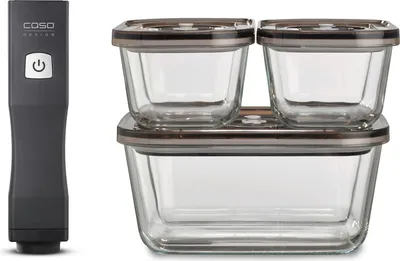 A vacuum sealer and a set of glass food storage containers.