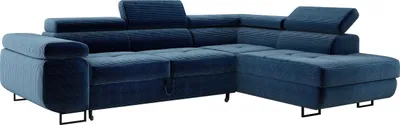 Produktbild von Ecksofa MONTANA mit einstellbare Kopfstützen, Eckcouch mit Schlaffunktion und Bettkasten, Sofa Cord, Polsterecke, Wohnlandschaft Rechts Blau PS05