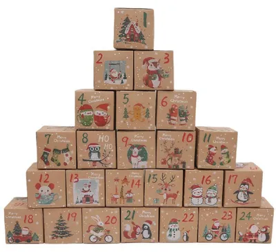 Produktbild von Adventskalender zum Befüllen 24 Schachteln Weihnachtsmotive 7x7x7 cm beige