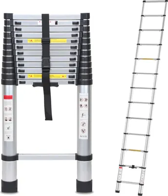 Produktbild von Clanmacy Teleskopleiter 5m bis 150kg 13 Schritte Aluminium Silber Stehleiter Mehrzweckleiter