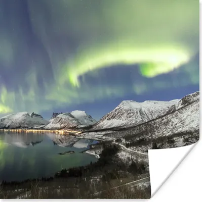 Produktbild von MuchoWow® Poster Nordlichter - Meer - Berge 50x50 cm - Wohnzimmerdekoration