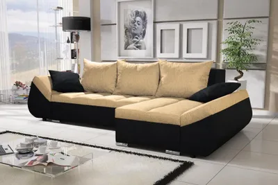 Produktbild von Ecksofa Sofa KLEO mit Schlaffunktion Schwarz-Gelb Ottomane Rechts