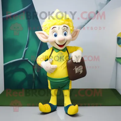 Immagine prodotto di Personaggio del costume della mascotte REDBROKOLY dell elfo giallo vestito con una maglietta da rugby e pochette