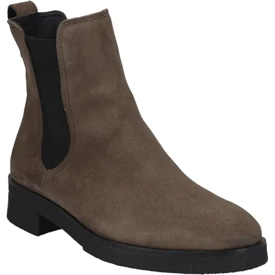 A single brown suede Chelsea boot is shown against a white background.
