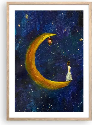Produktbild von Gerahmtes Poster - Rahmen in heller Eiche - Mädchen auf der Mond - 50x70 cm - Wand Bild - Wanddeko - Wandbilder - Kunstposter - Wandposter - Bilderrahmen - Bilder - Kunstdruck - P2NPA50x70-4575