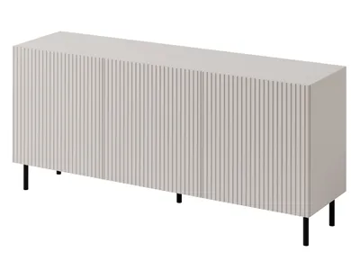A light-colored sideboard with a ribbed front and black metal legs, presented against a white background.