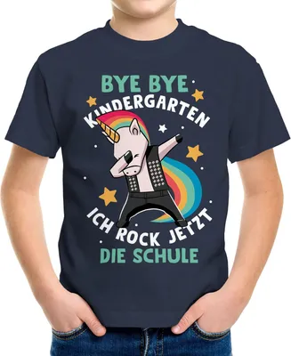 Produktbild von Kinder T-Shirt Jungen Einhorn Bye Bye Kindergarten ich rock jetzt die Schule Geschenk zur Einschulung Schulanfang Moonworks® navy 122-128 (7-8 Jahre)