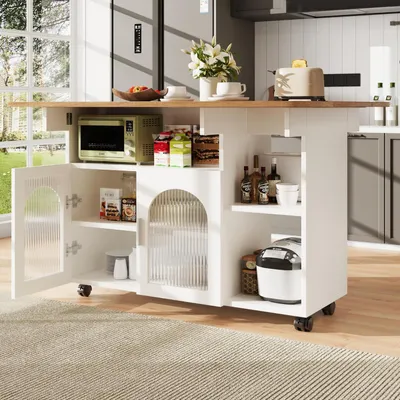 Image de Îlot de cuisine avec plan de travail rabattable, mobile, 120 cm, blanc