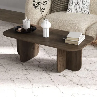 A coffee table is placed on a rug in front of a sofa, with decorative items on top.