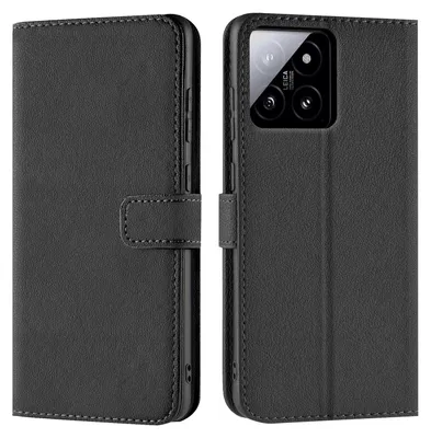A black leather flip case for a smartphone, shown from the front and back.