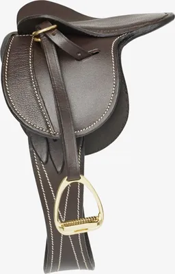A brown toy pony saddle with a brass stirrup, shown against a white background.