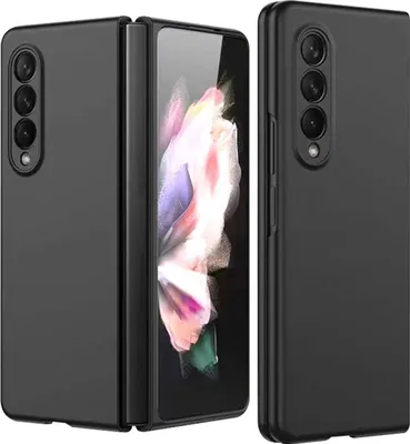 A black protective case for a foldable smartphone is shown from multiple angles.