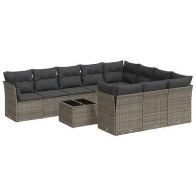 Produktbild von Modulares Gartenmöbel-Set, 11-tlg. Sofagarnitur für Terrasse & Balkon, UV-beständiges Poly Rattan Grau, mit abnehmbaren Kissen & Glastisch