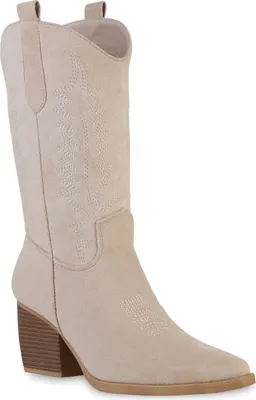 Produktbild von VAN HILL Damen Stiefel Cowboystiefel Stickereien Schuhe 838384, Farbe: Beige Velours, Größe: 38