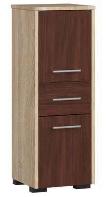 A tall, narrow cabinet with two doors and three drawers, made of wood-like material in two tones.