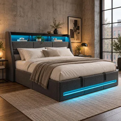 Produktbild von Polsterbett 140x190 cm mit Stauraum, Bettkasten und Gasdruckfeder, Doppelbett Bettgestell mit Lattenrost, Kopfteil mit Staufach, USB und LED, Leinen