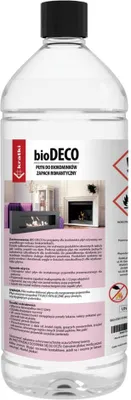 A bottle of liquid for bio-fireplaces with a label showing a fireplace and safety symbols.