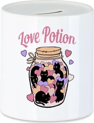 Produktbild von Love Potion Spardose mit Katzen und Herzen Motiv für Katzenliebhaber Katzenliebe Miau Mieze Büsi