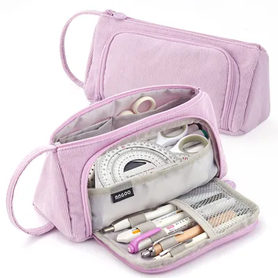 Produktbild von Federmäppchen - Girly Mäppchen Federmäppchen aus Cord mit 3 Fächern für Schule und Büro (Lila)