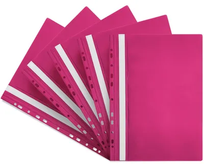 Image de 5 classeurs à anneaux A4 en plastique de couleur rose, avec une couverture transparente et un espace pour l'étiquette